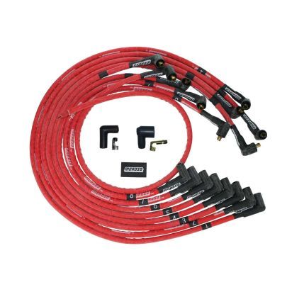 Moroso Ultra Spiral Core 8 mm Spark Plug Wire Set - Sleeved - Red - 90 Degree Plug Boots - Socket Style - Under The Header - Small Block Chevy