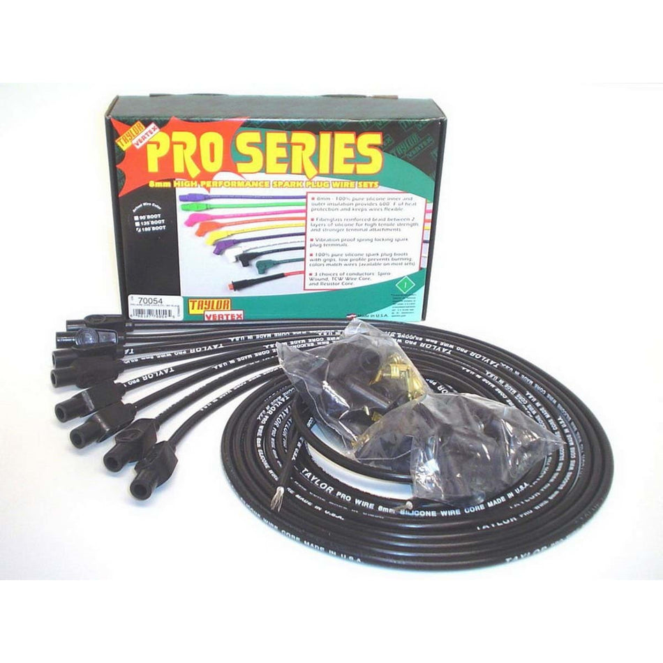 Taylor 8mm Pro Wires Universal Spark Plug Wire Set - Black - TCW Wire Conductor - 180 Plug Boots