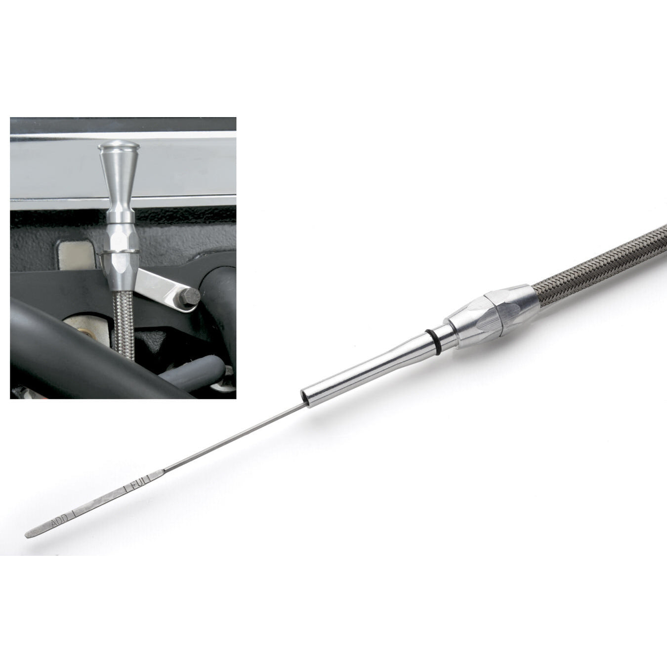 Lokar Engine Oil Dipstick - Block Mount - Braided Stainless Housing - Clear Anodize - Ford Modular