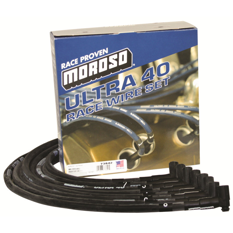 Moroso Ultra 40 Spiral Core 8.65 mm Spark Plug Wire Set - Black - 90 Degree Plug Boots - HEI Style Terminal - Jesel Drive Distributor - Small Block Chevy