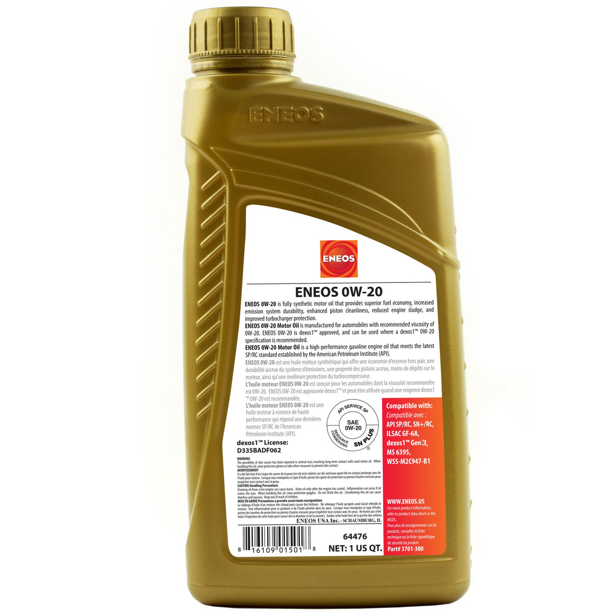 Eneos Full Synthetic Oil Dexos 1 0w20 1 Quart