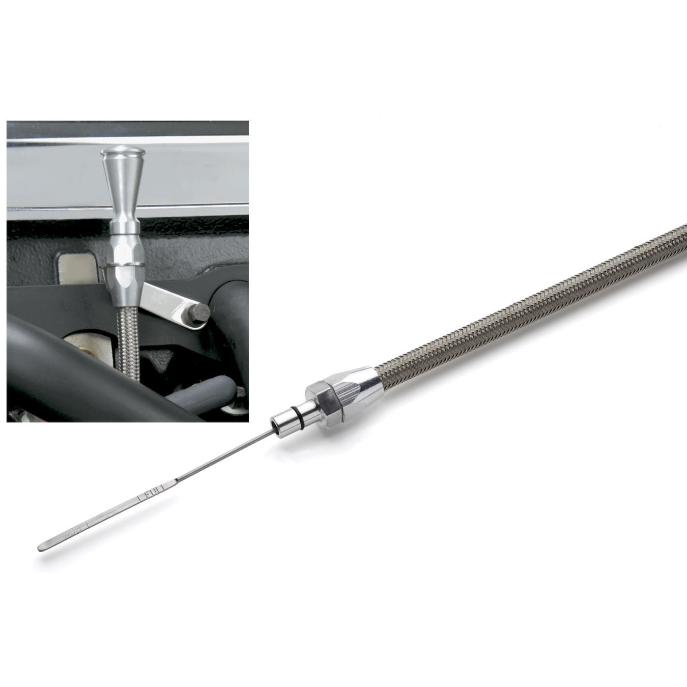 Lokar Engine Oil Dipstick - Block Mount - Braided Stainless Housing - Aluminum - Clear Anodize - Mopar Gen III Hemi