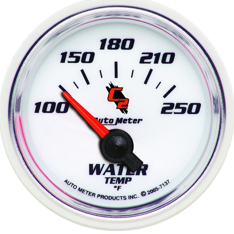 Auto Meter C2 100-250 Degree F Water Temperature Gauge - Electric - Analog - Short Sweep - 2-1/16 in Diameter - White Face