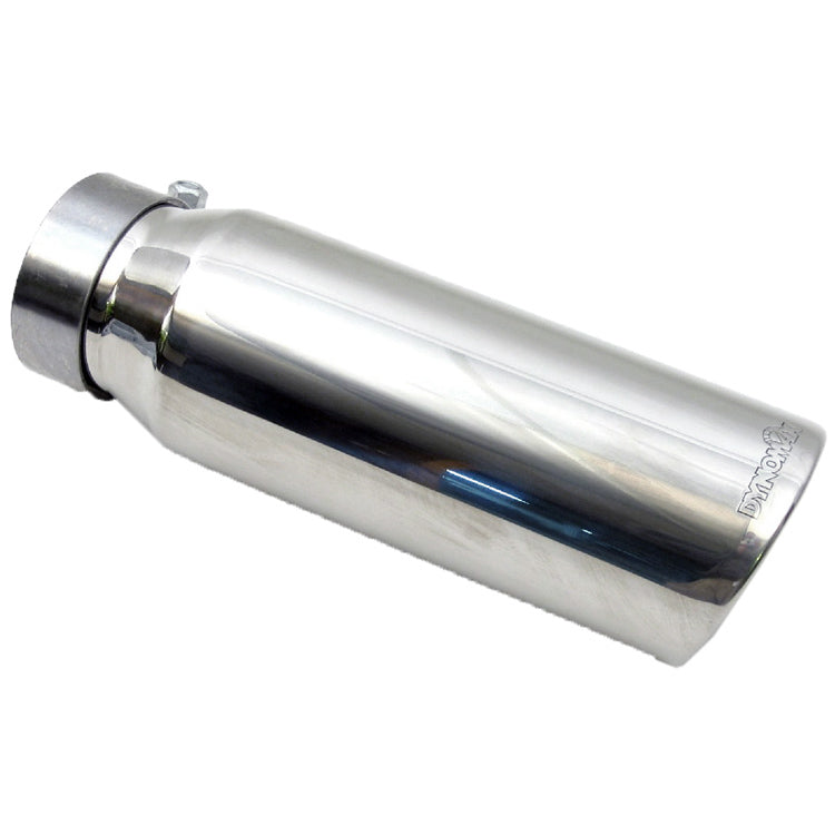 DynoMax Clamp-On Exhaust Tip - 3 in Inlet - 4 in Round Outlet - 9 in Long - Single Wall - Rolled Edge - Angled Cut Tip