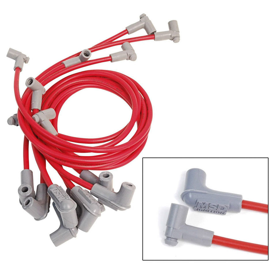 MSD Super Conductor Spiral Core 8.5 mm Spark Plug Wire Set - Red - 90 Degree Plug Boots - HEI Style Terminal - GM 3.8 L