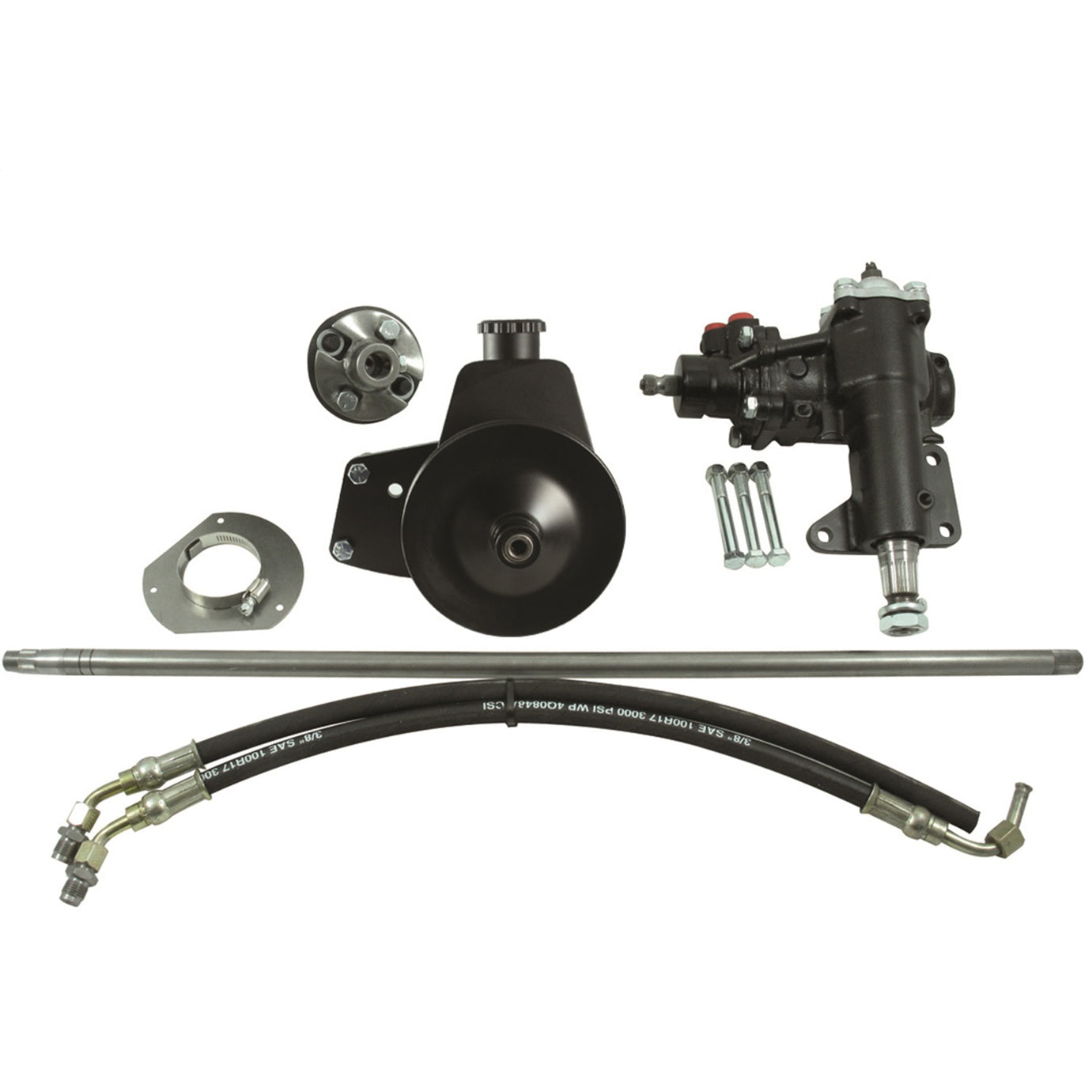 Borgeson Power Steering Box - 14 to 1 Ratio - Brackets / Joints / Lines / Pump - Small Block Ford - Ford Mustang 1965-66