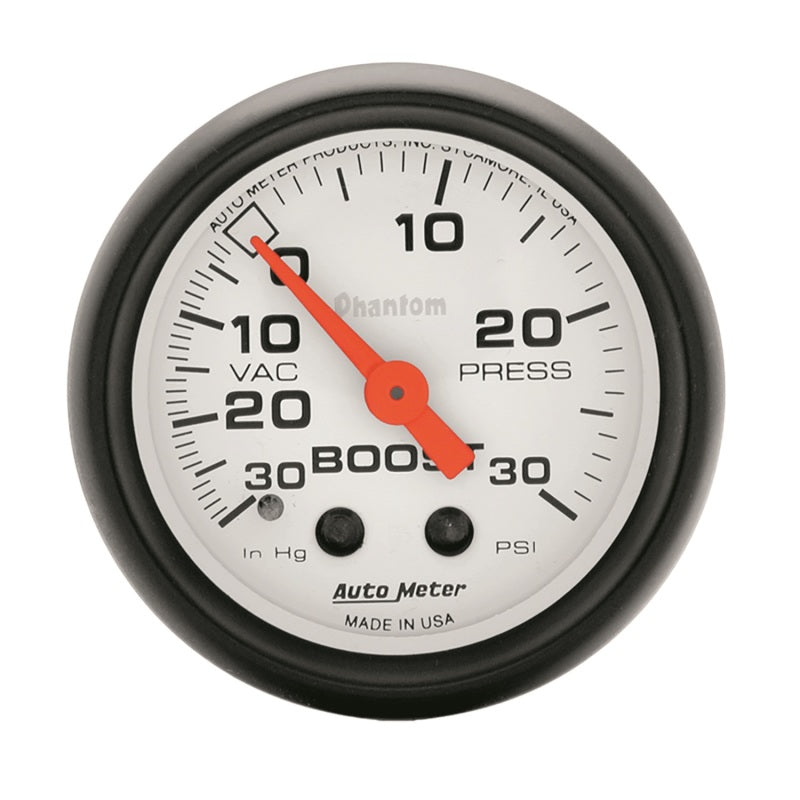 Auto Meter Phantom 30 in HG-30 psi Boost / Vacuum Gauge - Mechanical - Analog - 2-1/16 in Diameter - White Face
