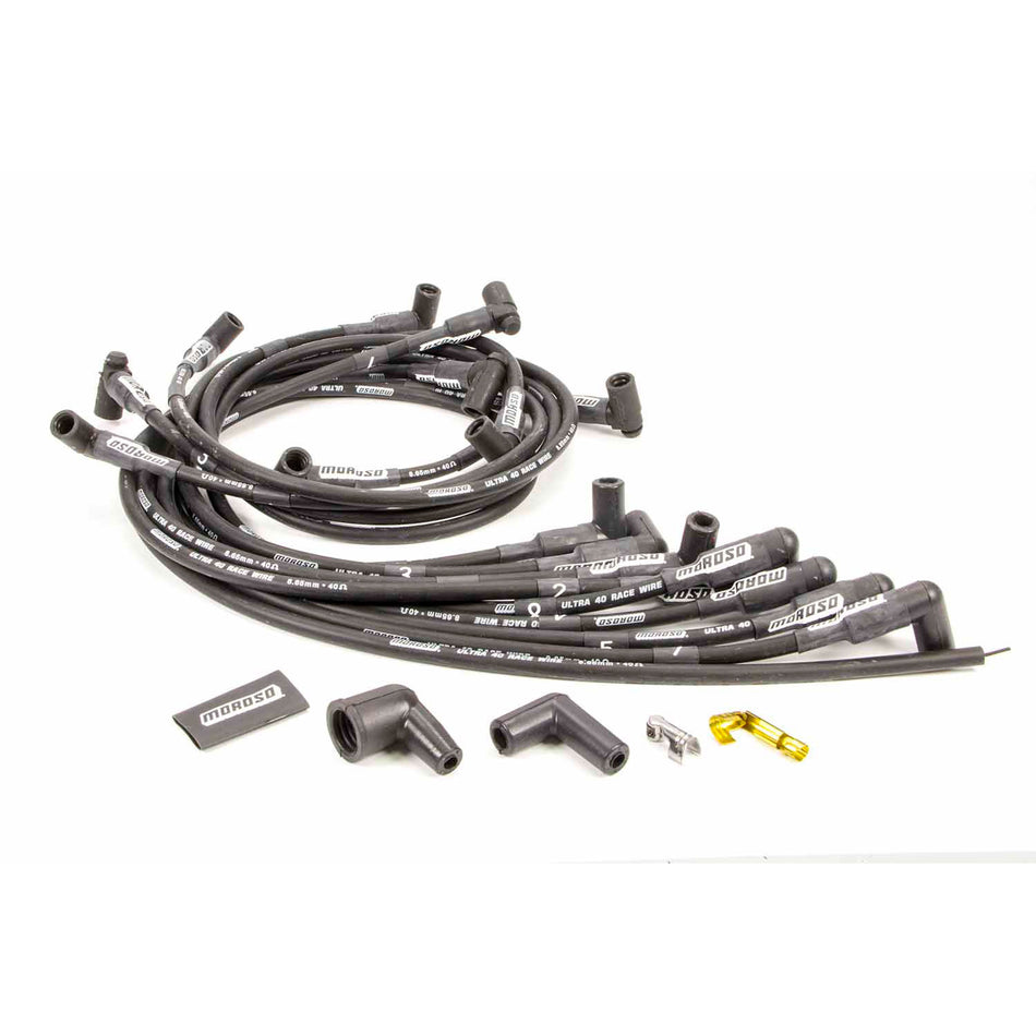 Moroso Ultra 40 Spiral Core 8.65 mm Spark Plug Wire Set - Black - 90 Degree Plug Boots - HEI Style Terminal - Under Headers - Small Block Chevy