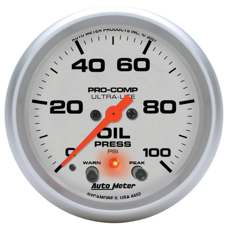 Auto Meter 2-5/8" Ultra-Lite Electric Oil Pressure Gauge w/ Peak Memory & Warning - 0-100 PSI