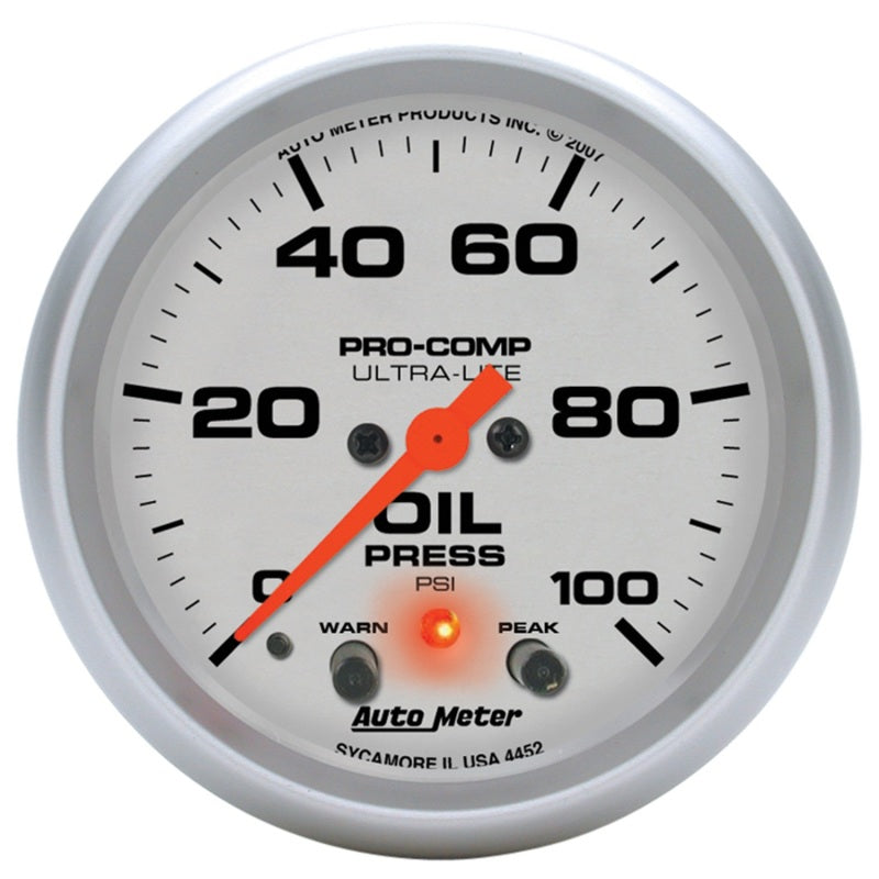 Auto Meter 2-5/8" Ultra-Lite Electric Oil Pressure Gauge w/ Peak Memory & Warning - 0-100 PSI