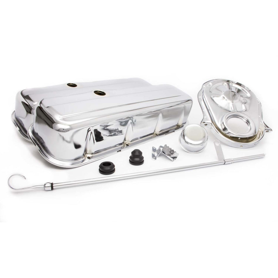 Racing Power Tall Valve Covers/Breather/Dipstick/Grommets/Timing Cover/Timing Tab Engine Dress Up Kit Steel Chrome Big Block Chevy - Kit