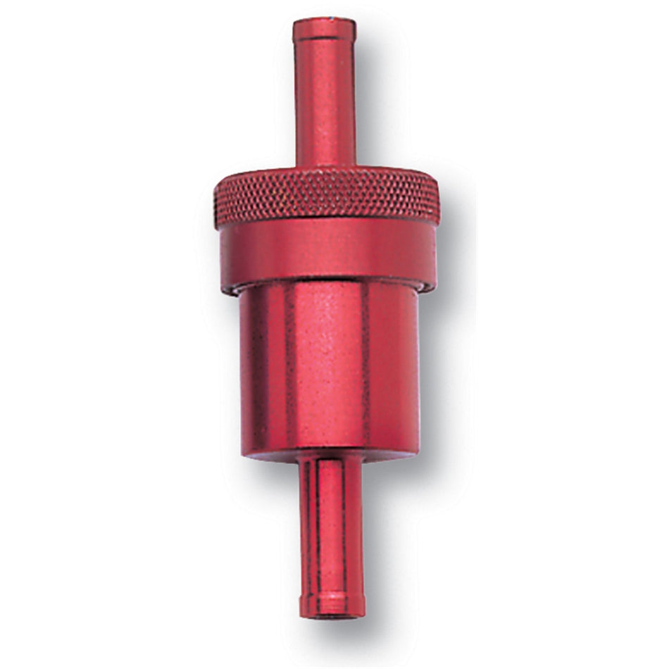 Russell Performance Products Inline Fuel Filter 40 Micron Bronze Element 5/16" Hose Barb Inlet/Outlet Aluminum - Red Anodize