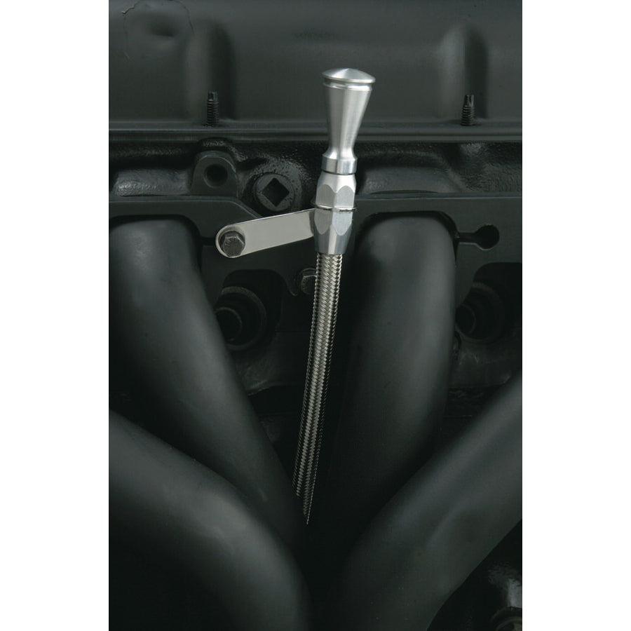 Lokar Pan Mount Engine Oil Dipstick - Braided Stainless Housing - Clear Anodized - Big Block Chevy ED-5006