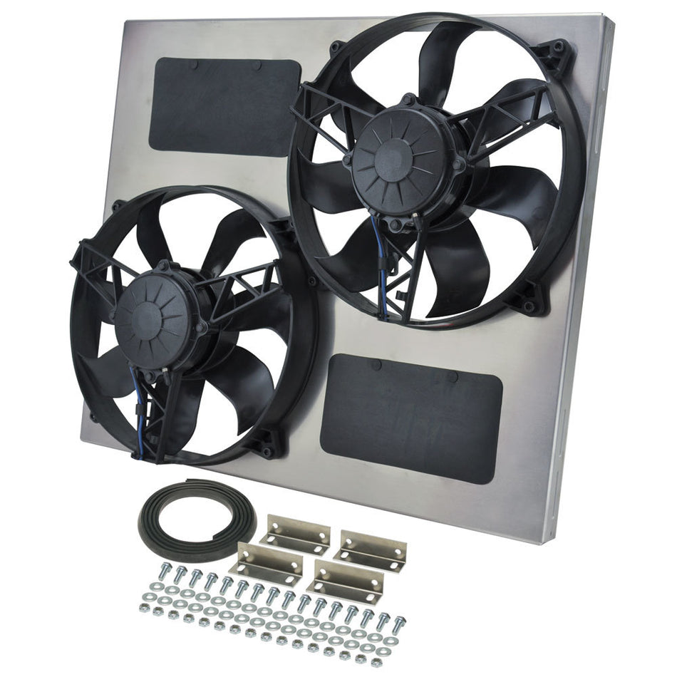 Derale HO RAD Dual 11 in Electric Fan - Puller - 3750 CFM - 12V - Curved Blade - 22-1/4 x 19 in - 4-1/2 in Thick - Aluminum Shroud