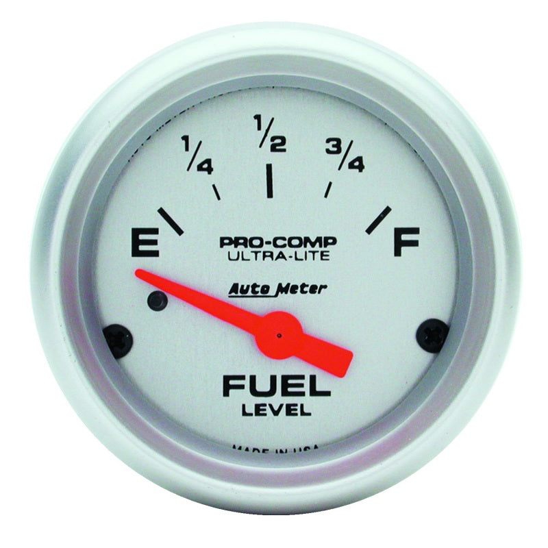 Auto Meter Ultra-Lite 0-90 ohm Fuel Level Gauge - Electric - Analog - Short Sweep - 2-1/16 in Diameter - Silver Face
