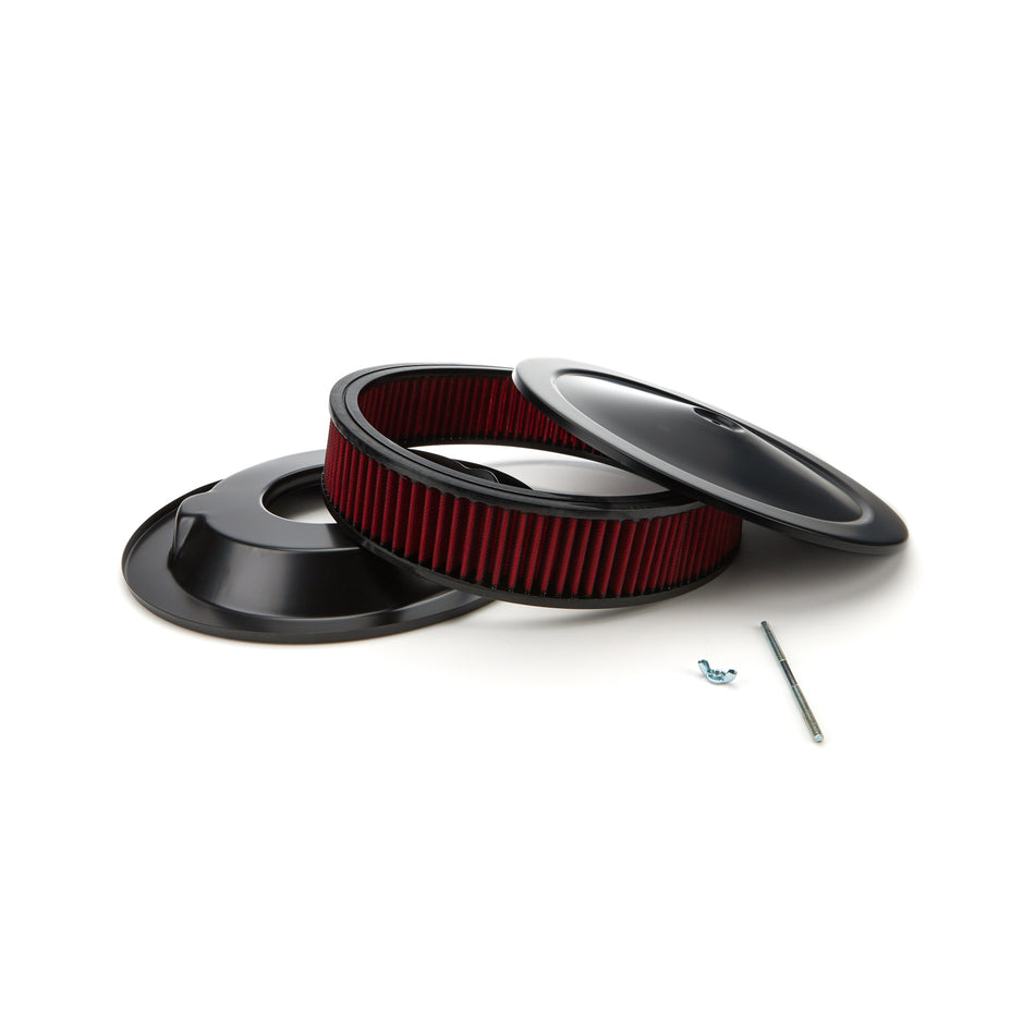 Racing Power Muscle Air Cleaner Assembly - 14 in Round - 3 in Tall - 5-1/8 in Carb Flange - Drop Base - Red Filter - Black