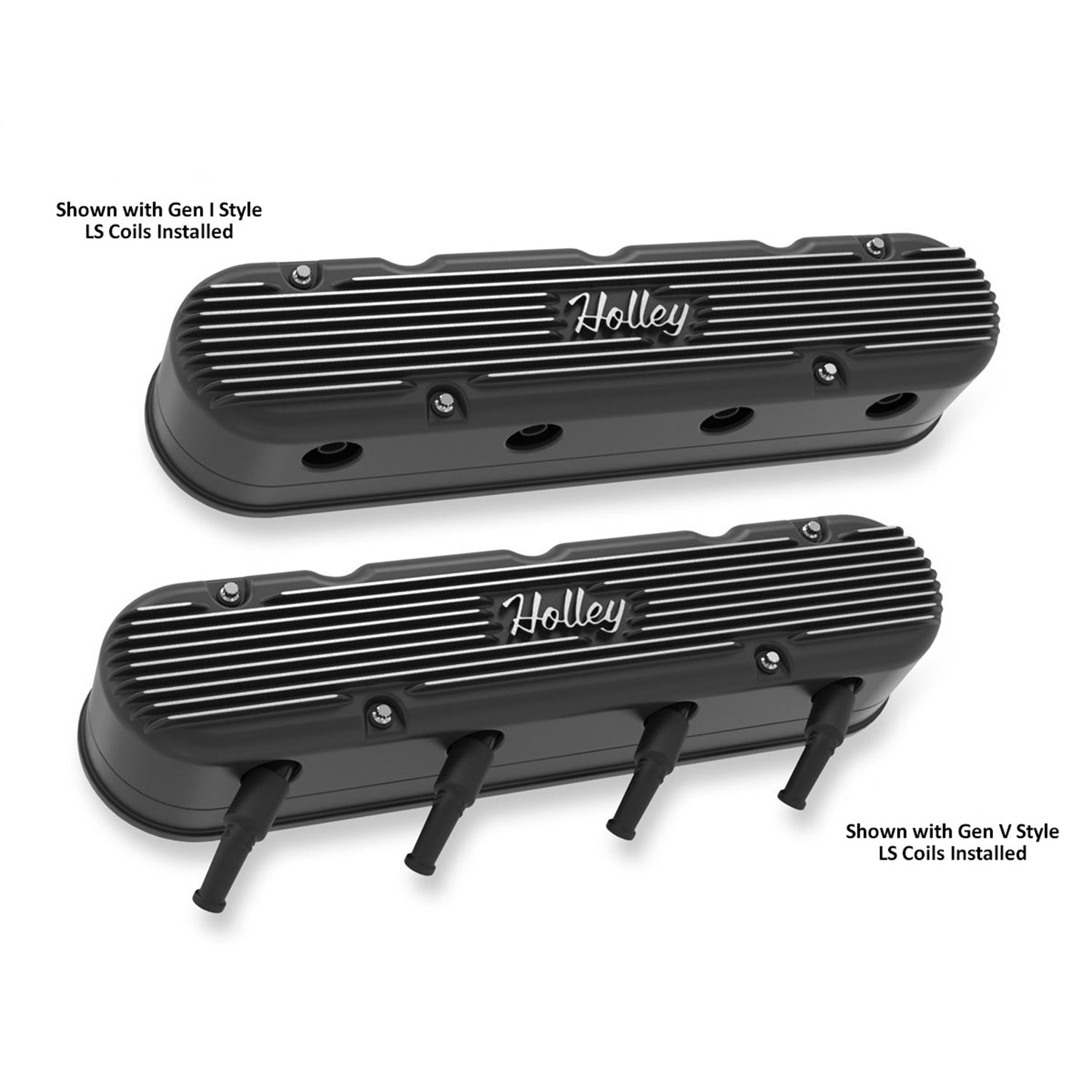 Holley Vintage Series Stock Height Valve Cover - Holley Logo - Hidden Coils - 2 Piece - Satin Black - GM LS-Series (Pair)