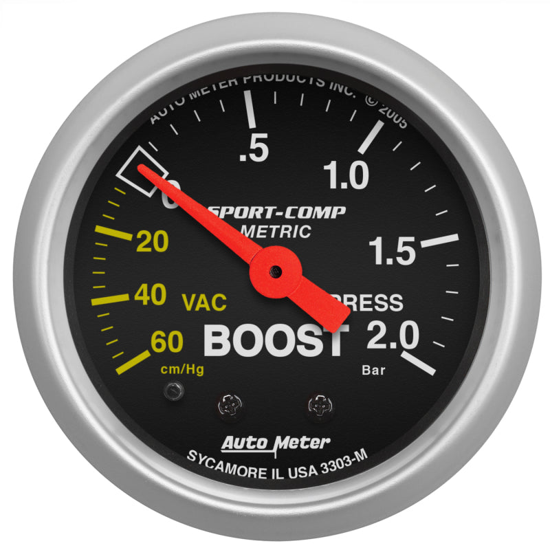 Auto Meter Sport-Comp 60cm HG-2.0 Bar Boost / Vacuum Gauge - Mechanical - Analog - 2-1/16 in Diameter - Black Face