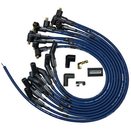 Moroso Ultra 40 Spiral Core Spark Plug Wire Set - 8.65 mm - Blue - 45 Degree Plug Boots - Socket Style - Cut-To-Fit - SB Ford