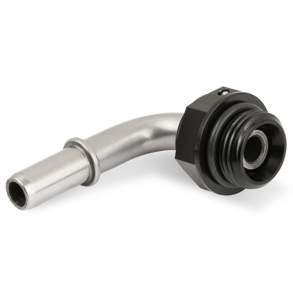 Earl's Fuel Line Adapter Fitting - 90 Degree - 3/8" SAE Male Quick Disconnect to 8 AN ORB - Stainless - Aluminum - Black