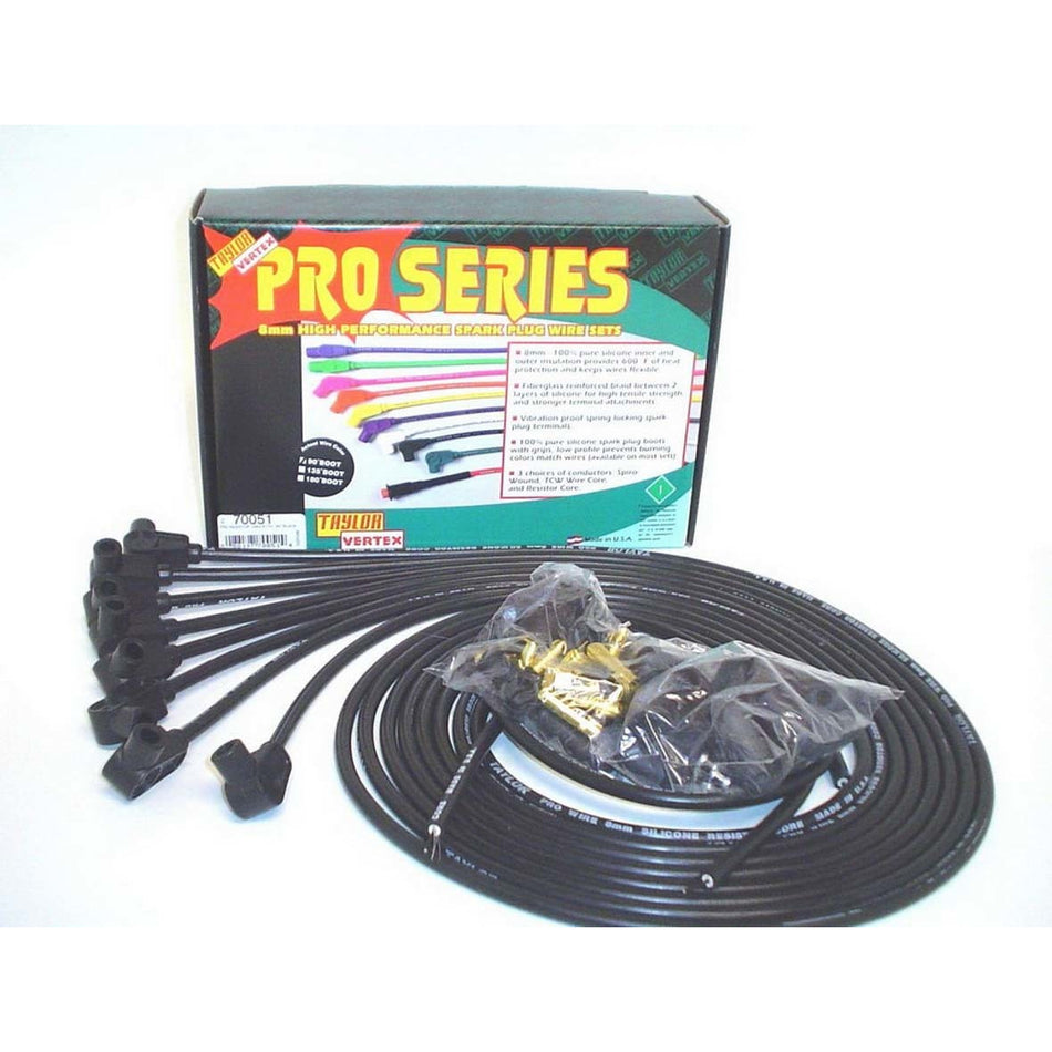 Taylor 8mm Pro Wires Universal Spark Plug Wire Set - Black - Resistor Core Conductor - 90° Plug Boots - 8 Cylinder Applications