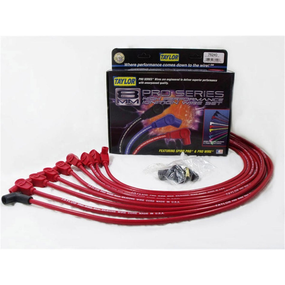 Taylor 8mm Pro "Race Fit" Wire Spark Plug Wire Set - Red - SB Chevy 262-400 - TCW Wire Conductor - 90° Plug Boots, HEI Style Distributor Cap - For Under Valve Cover Applications