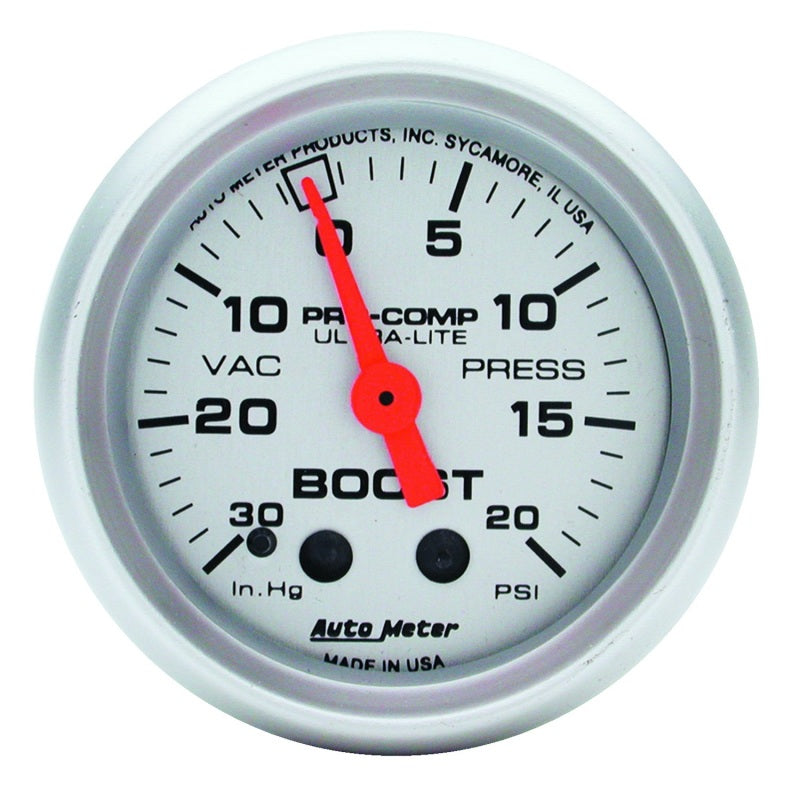 Auto Meter Ultra-Lite 30 in HG-20 psi Boost / Vacuum Gauge - Mechanical - Analog - 2-1/16 in Diameter - Silver Face