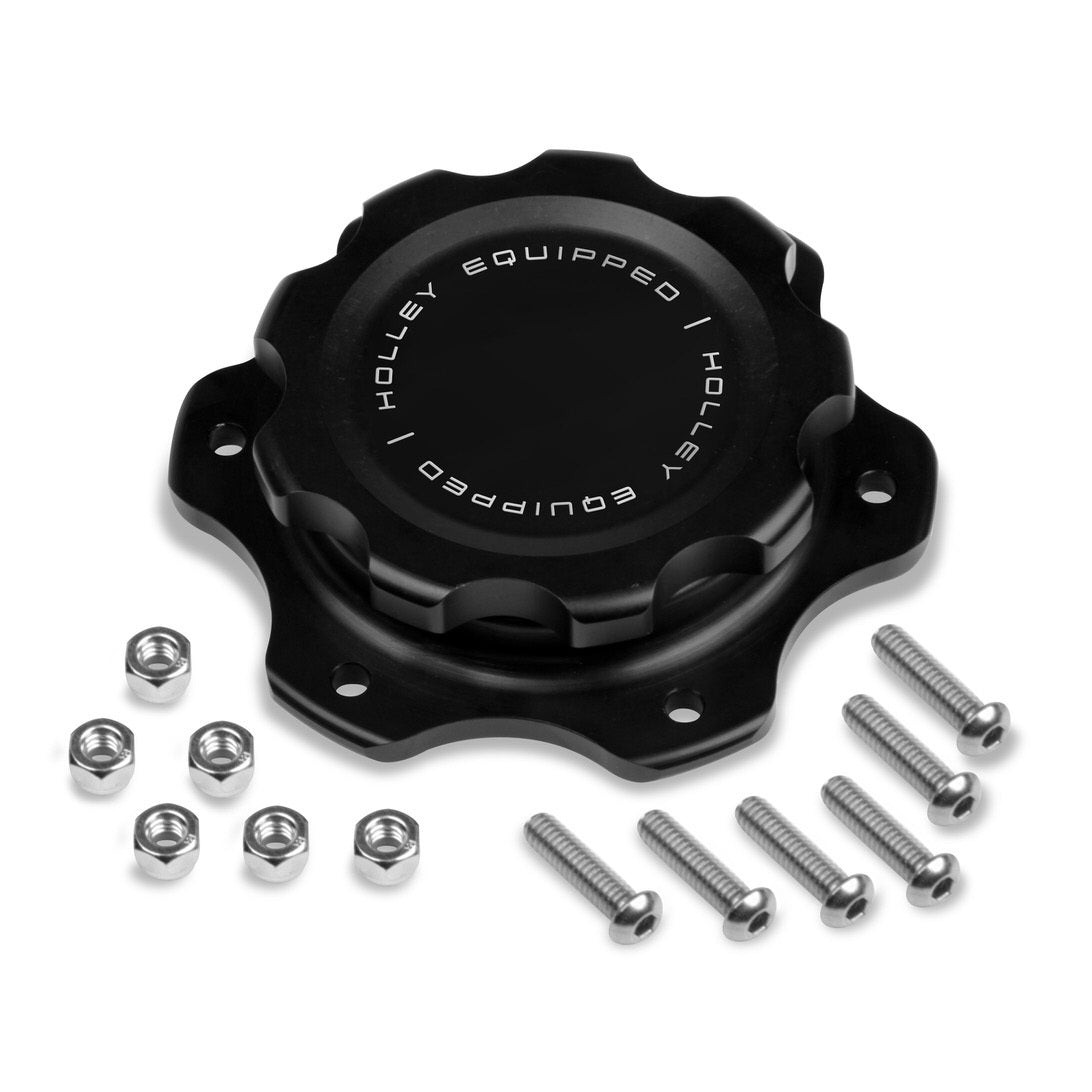 Holley Screw-In Raised Cell Mount Fuel Cell Filler Cap Assembly - 6-Bolt Flange - Black Anodized
