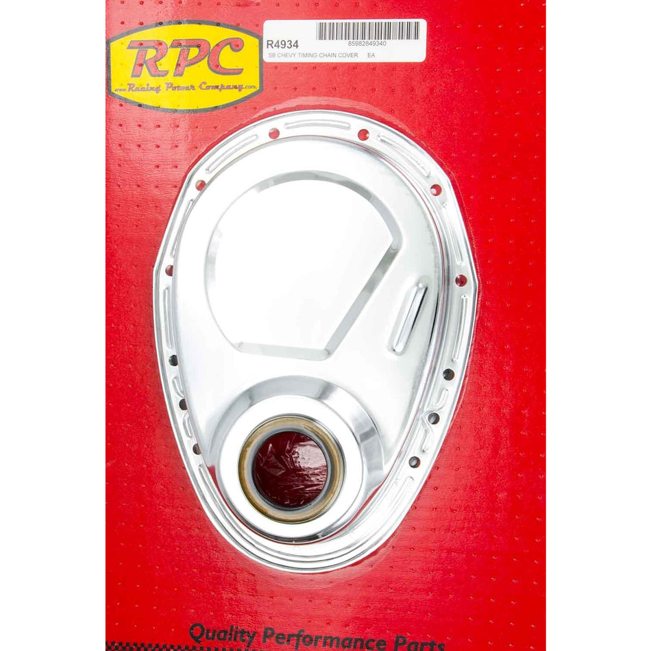 Racing Power Co-Packaged SBC Steel Timing Chain Cover Chrome