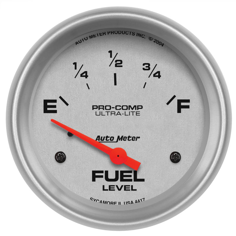 Auto Meter Ultra-Lite 0-30 ohm Fuel Level Gauge - Electric - Analog - Short Sweep - 2-5/8 in Diameter - Silver Face