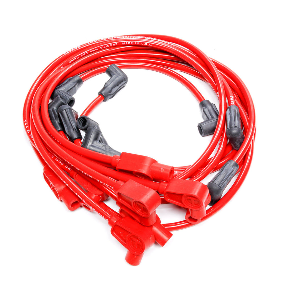 Taylor Spiro-Pro Spiral Core 8 mm Spark Plug Wire Set - Red - 90 Degree / Straight Plug Boots - HEI Style Terminal - Chevy V8 74211