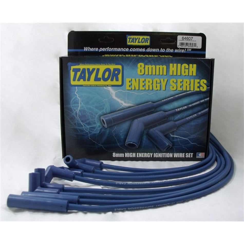 Taylor High Energy Spiral Core 8 mm Spark Plug Wire Set - Blue - 90 Degree / Straight Plug Boots - HEI Style Terminal - Chevy V8