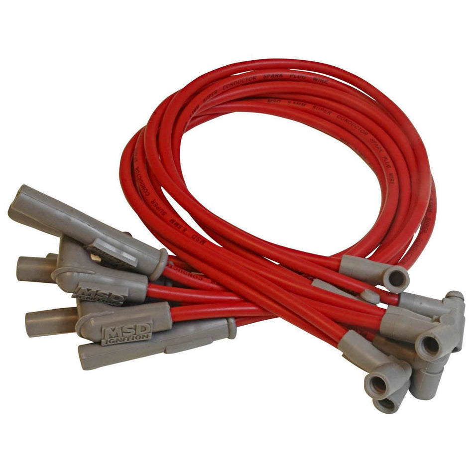 MSD Super Conductor Spiral Core 8.5 mm Spark Plug Wire Set - Red - Factory Style Boots / Terminals - Small Block Chevy