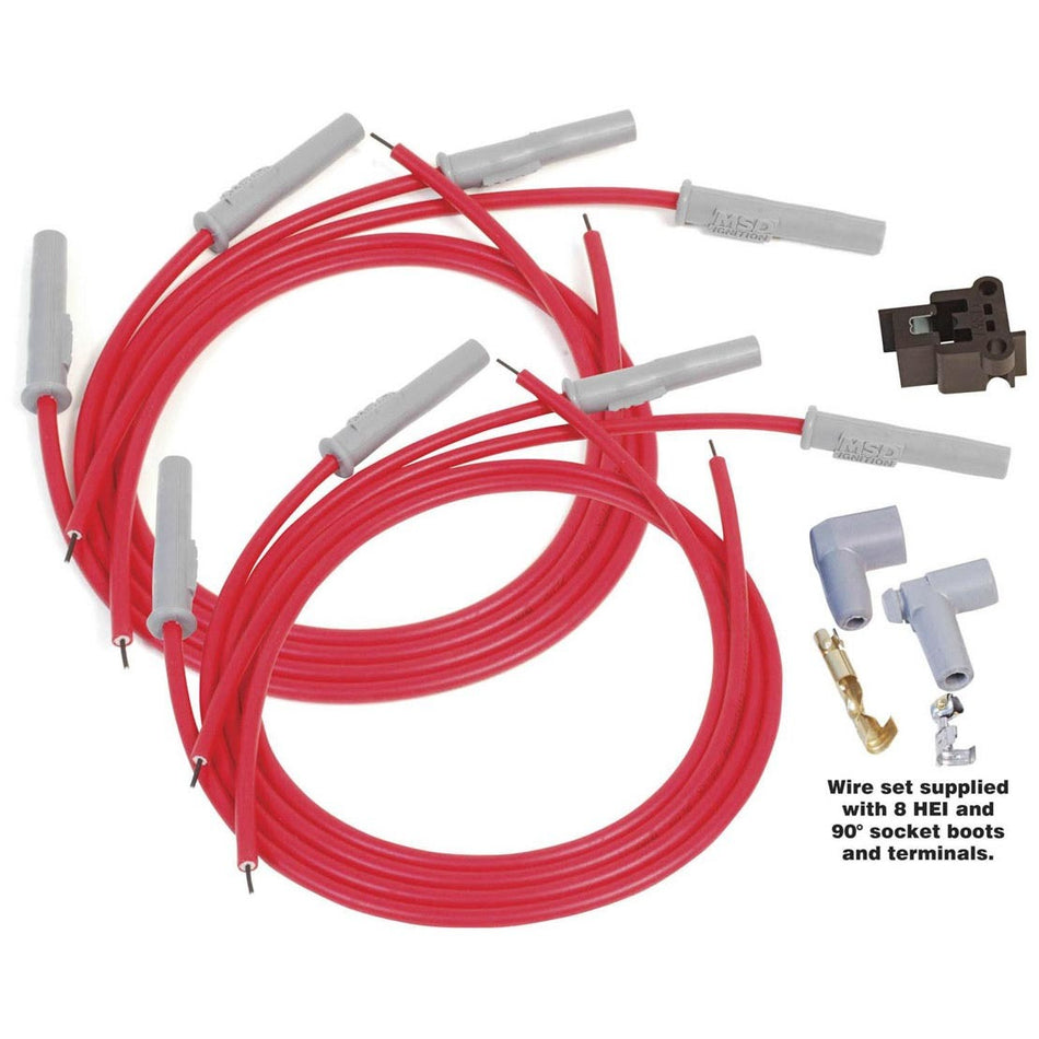 MSD 2-In-1 Univeral Super Conductor Spark Plug Wire Set - (Red) - Fits 8 Cylinder Engine - Includes Terminals for Socket or HEI Style Cap, Multi-Angle Spark Plug Boots & Terminals, 90 Distributor Boots & Terminals