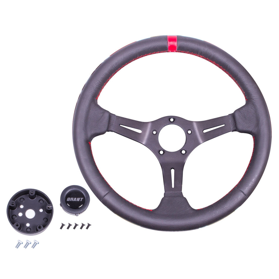 Grant Performance and Race Steering Wheel - 13.75 in Diameter - 3.5 in Dish - 3-Spoke - Black Leather Grip - Red Stripe - Black Anodized