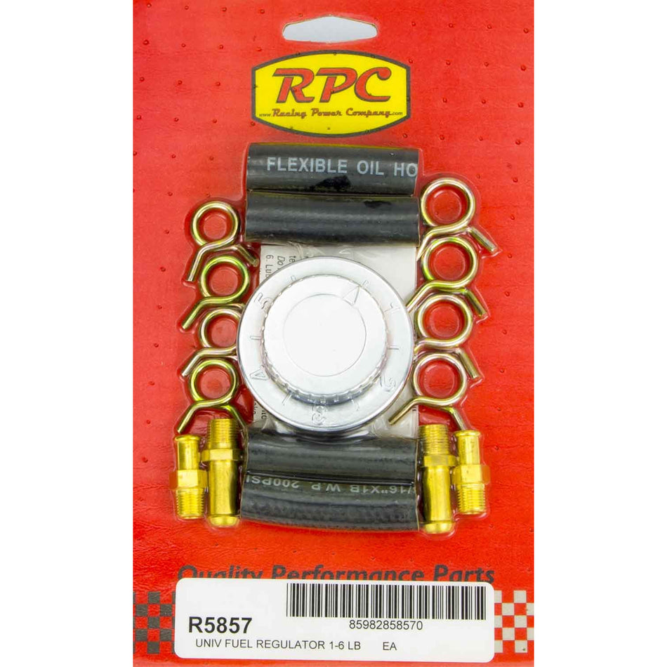 Racing Power 1-6 psi Fuel Pressure Regulator Inline 5/16 and 3/8" Male Hose Barb Inlet/Outlet Steel - Chrome