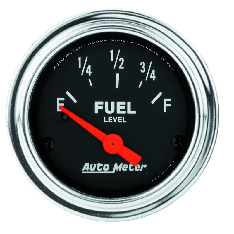 Auto Meter Traditional Chrome 0-90 ohm Fuel Level Gauge - Electric - Analog - Short Sweep - 2-1/16 in Diameter - Black Face