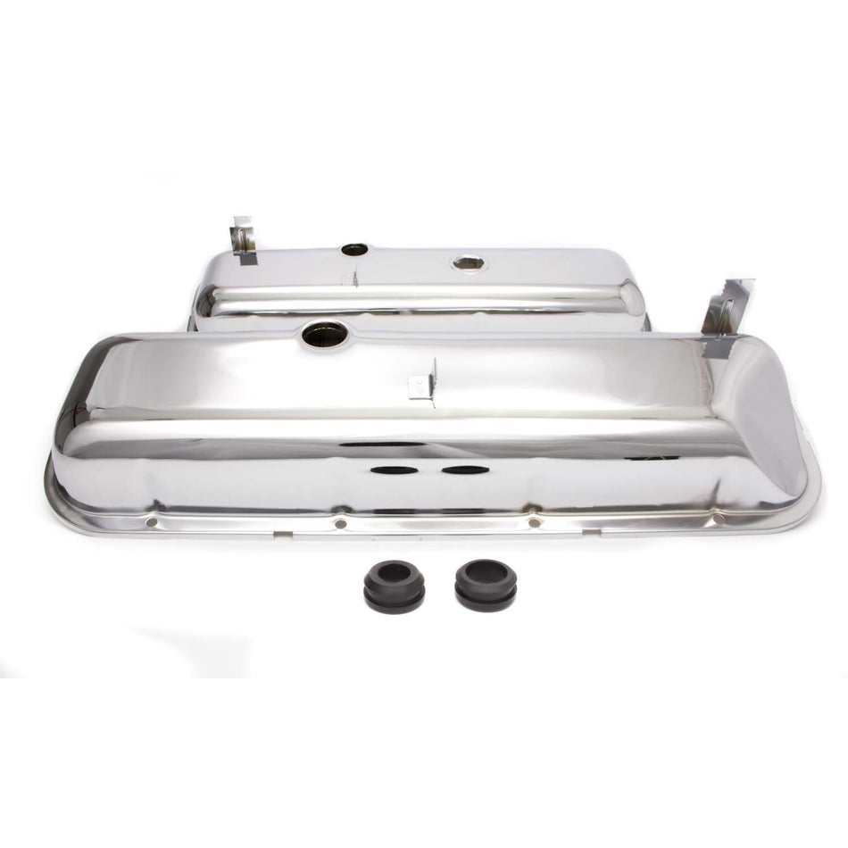 Racing Power Short Valve Cover - 2.625 in Height - Breather Holes - Recessed Corner - Chrome - Big Block Chevy - Pair