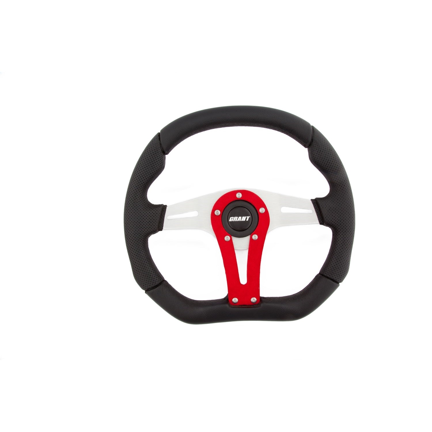 Grant Steering Wheels D-Series Steering Wheel 13-3/4 x 11-3/4" Diameter D-Shaped 3-Spoke - Black Suede Grip - Red Anodize