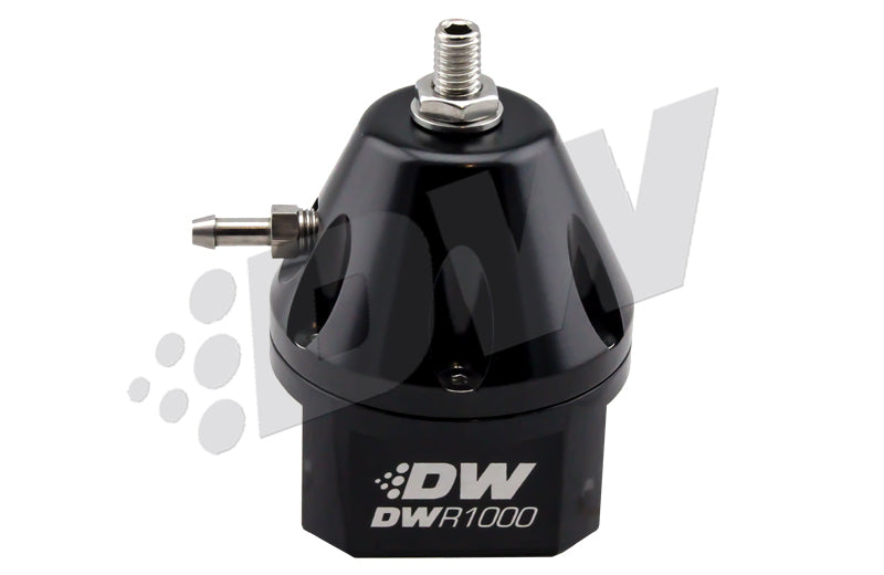 DeatschWerks In-Line Fuel Pressure Regulator - 30 to 100 psi - 6 AN Inlets / Return - 3/16 in Vacuum Line - 1/8 in NPT Port - Black Anodized