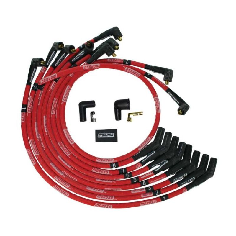 Moroso Ultra Spiral Core 8 mm Spark Plug Wire Set - Sleeved - Red - 135 Degree Plug Boots - Socket Style - Small Block Ford