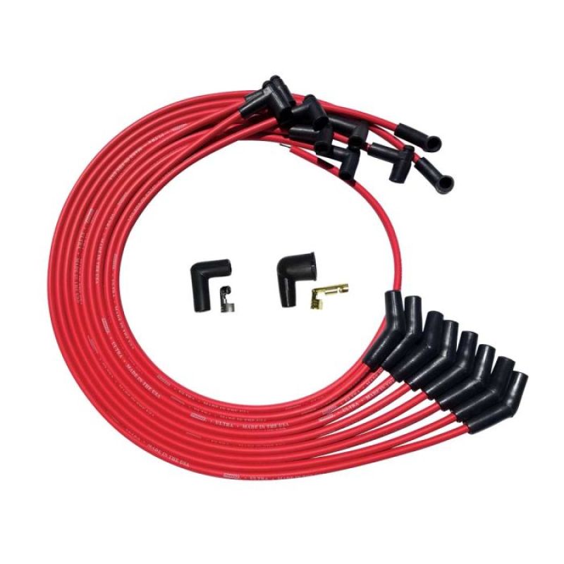 Moroso Ultra Spiral Core 8 mm Spark Plug Wire Set - Red - 135 Degree Plug Boots - HEI Style Terminal - Under The Header - Big Block Chevy