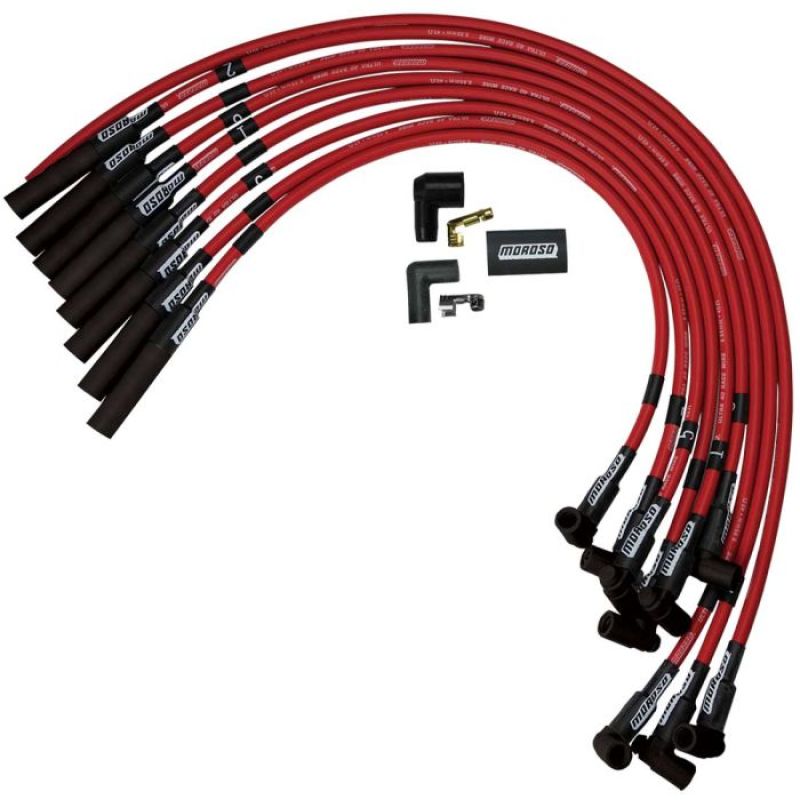 Moroso Ultra 40 Spiral Core 8.65 mm Spark Plug Wire Set - Red - Straight Plug Boots - HEI Style Terminal - Over Valve Cover - Big Block Chevy