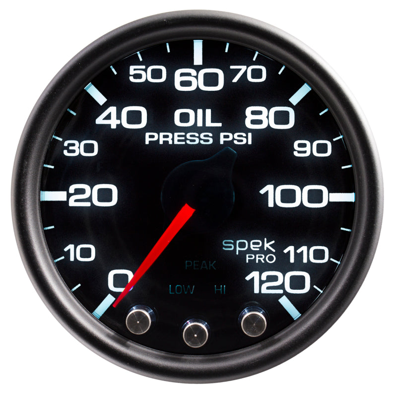 Auto Meter Spek-Pro Oil Pressure Gauge - Stepper Motor - 0-120 psi - Electric - Analog - Full Sweep - 2-1/16" Diameter - Black Face