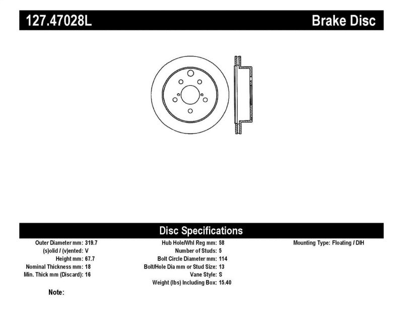 StopTech Sport Brake Rotor - Rear - Right Side - Drilled/Slotted - 319.7 mm OD - 18 mm Thick - 5 x 114 mm Bolt Pattern - Iron - Natural