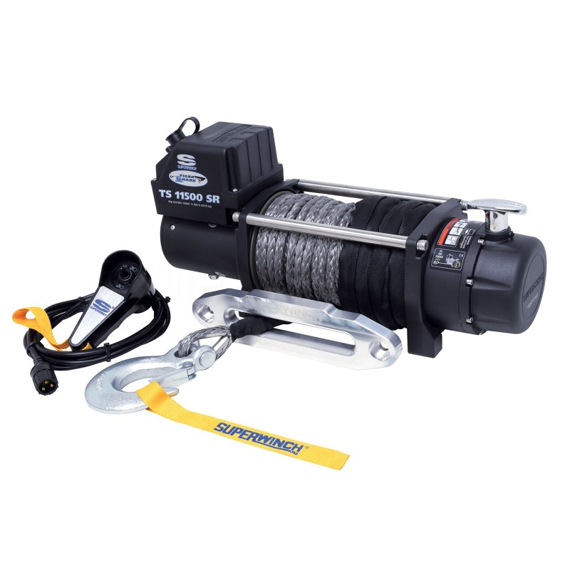 Superwinch Tiger Shark 11500 Winch - 11500 lb Capacity - Hawse Fairlead - 12 ft Remote - 3/8 in x 80 ft Synthetic Rope - 12V