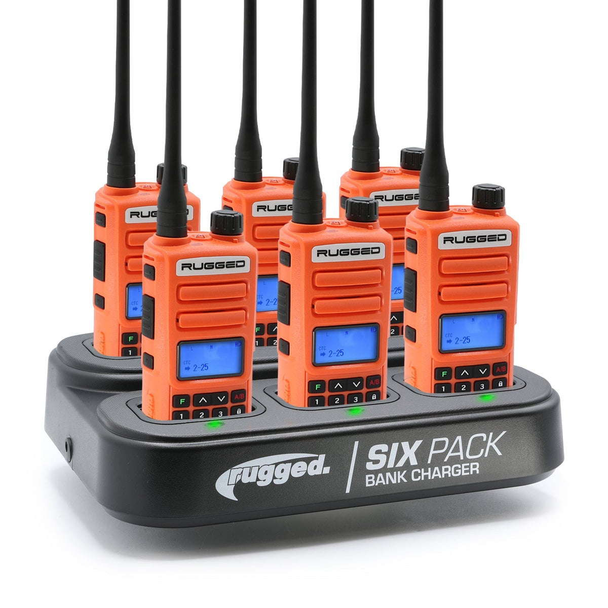 Rugged Radios GMR2 PLUS - GMRS & FRS Two Way Handheld Radios /w Bank Charger - Safety Orange (6 Pack) 6PACK-KIT-GMR2-PLUS-ORN