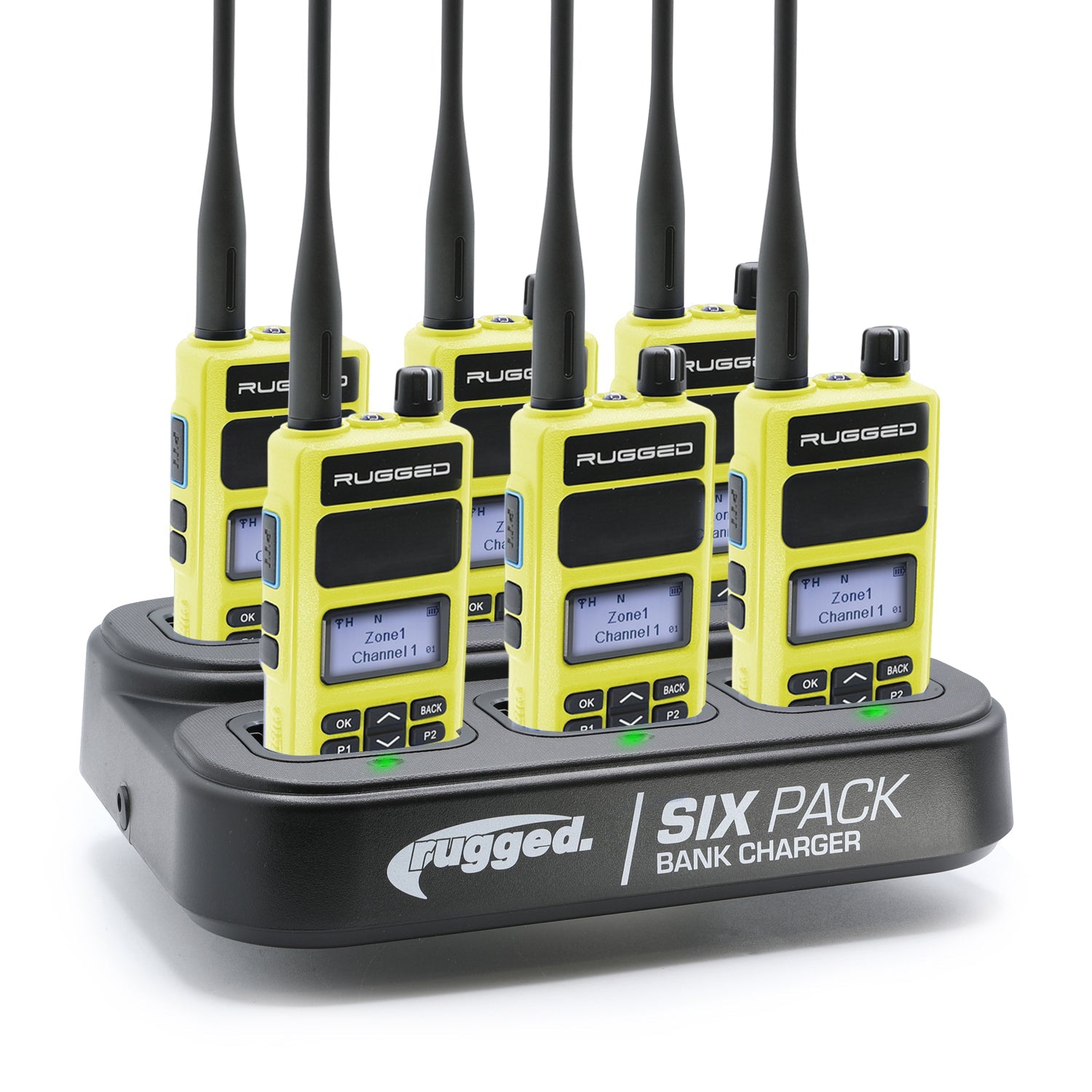 Rugged Radios RDH-16 Two Way Handheld Radio Kit w/ Six Pack Bank Charger - UHF - Safety Yellow (6 Pack) 6PACK-KIT-RDH16-U-HV