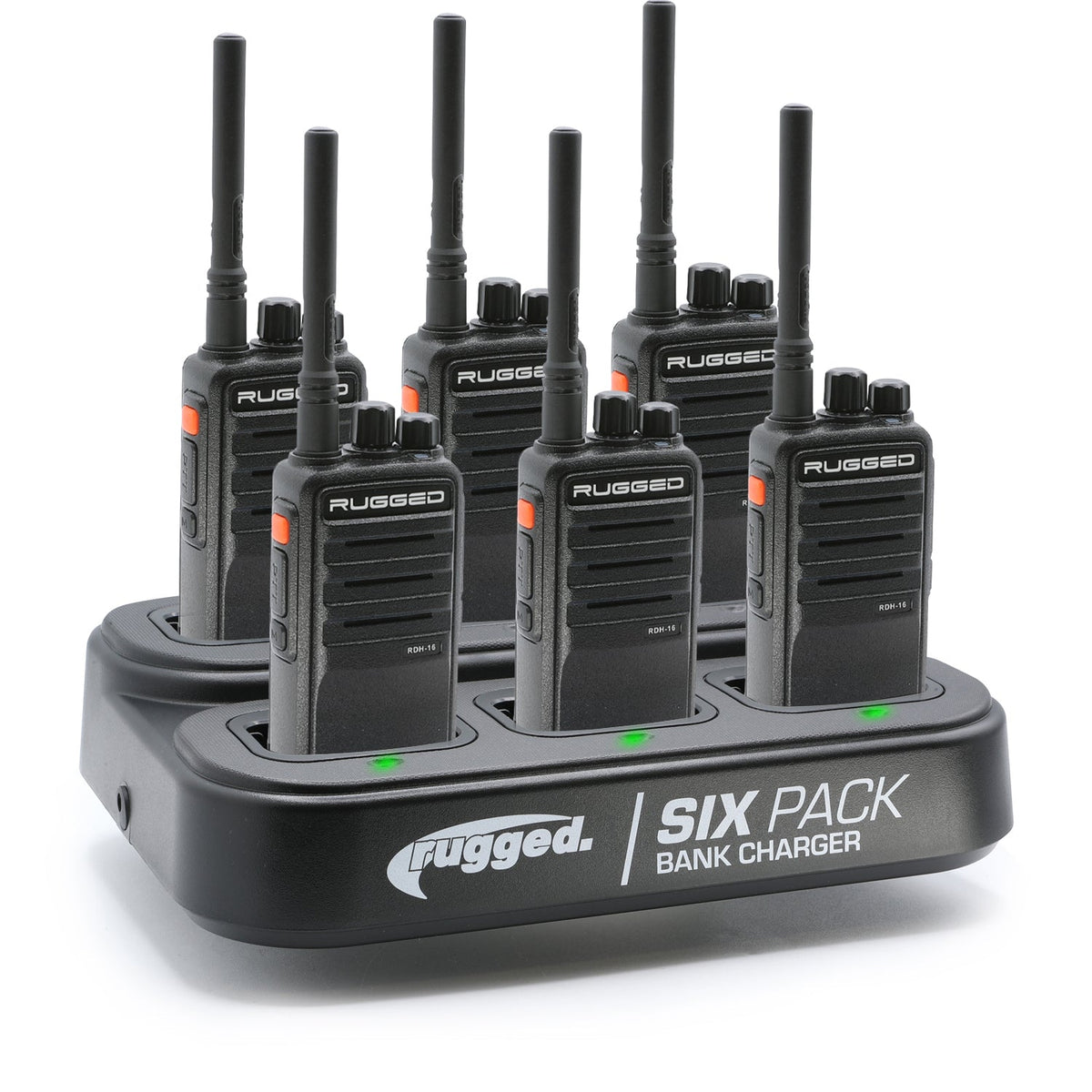 Rugged Radios RDH-16 Two Way Handheld Radio Kit w/ Six Pack Bank Charger - UHF - Safety Yellow (6 Pack) 6PACK-KIT-RDH16-U-HV