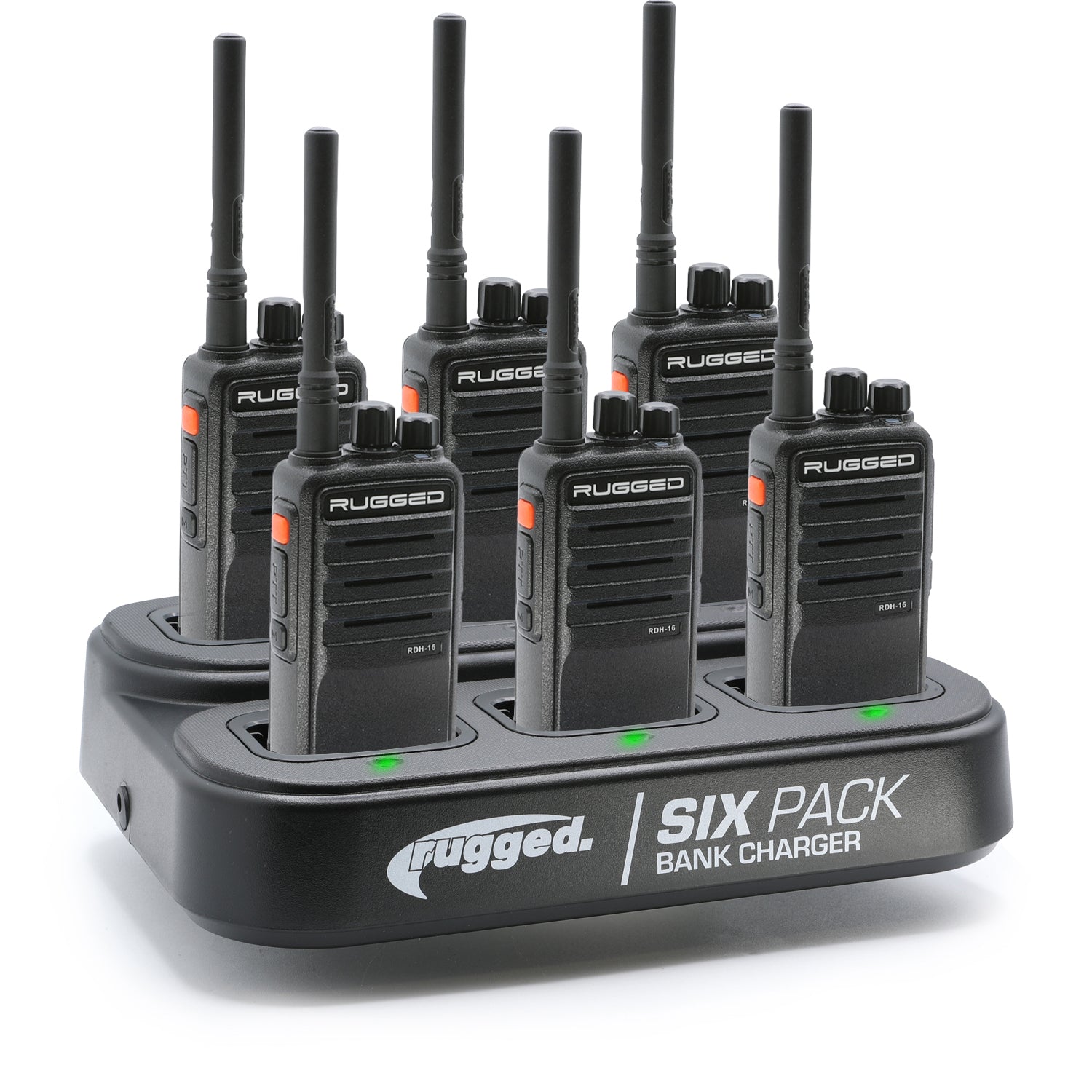 Rugged Radios RDH-16 Two Way Handheld Radio Kit w/ Six Pack Bank Charger - UHF - Safety Yellow (6 Pack) 6PACK-KIT-RDH16-U-HV